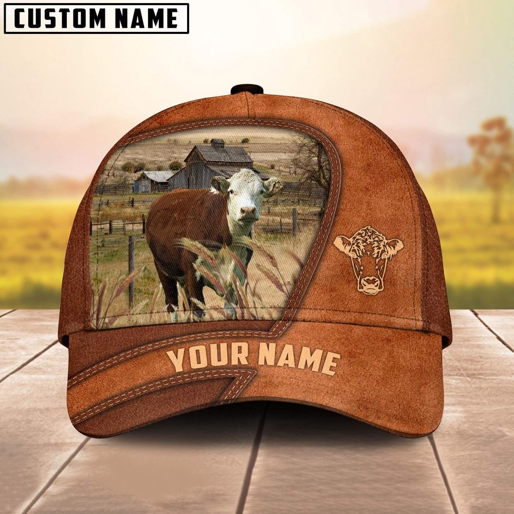 Adeenyc Hereford Customized Name Brown Leather Pattern Cap, Farm Cap, Farmer Baseball Cap, Cow Cap, Cow Gift, Farm Animal Hat Trucker Hats Custom Hats Gifts For Men & Women