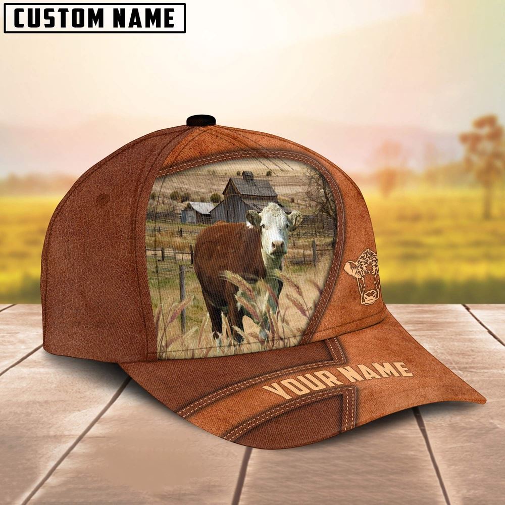 Adeenyc Hereford Customized Name Brown Leather Pattern Cap, Farm Cap, Farmer Baseball Cap, Cow Cap, Cow Gift, Farm Animal Hat Trucker Hats Custom Hats Gifts For Men & Women