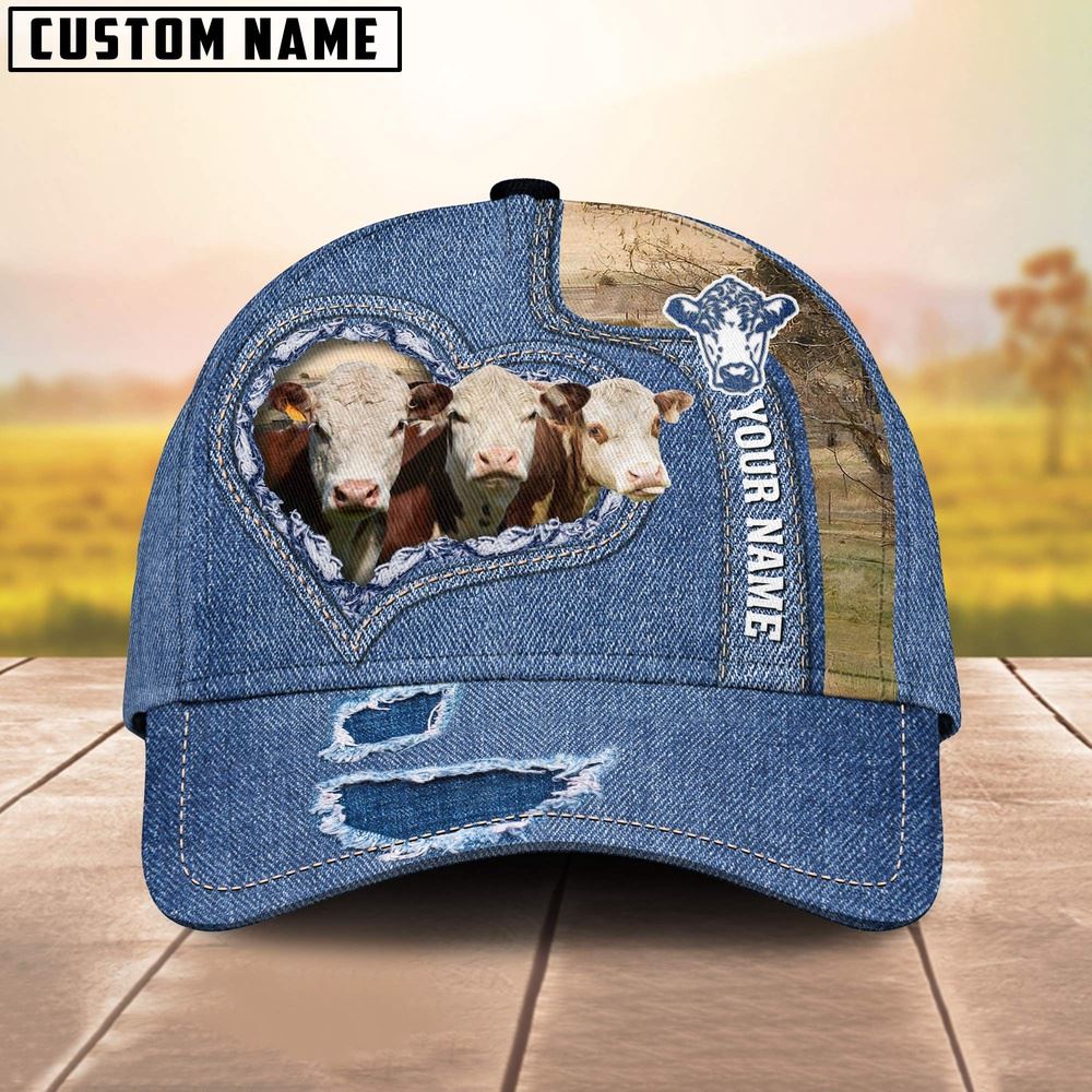 Adeenyc Hereford Customized Name Denim Cap, Farm Cap, Farmer Baseball Cap, Cow Cap, Cow Gift, Farm Animal Hat Trucker Hats Custom Hats Gifts For Men & Women