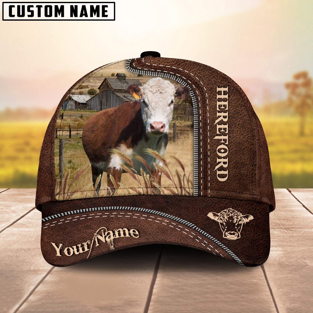 Adeenyc Hereford Customized Name Leather Pattern Cap, Farm Cap, Farmer Baseball Cap, Cow Cap, Cow Gift, Farm Animal Hat Trucker Hats Custom Hats Gifts For Men & Women