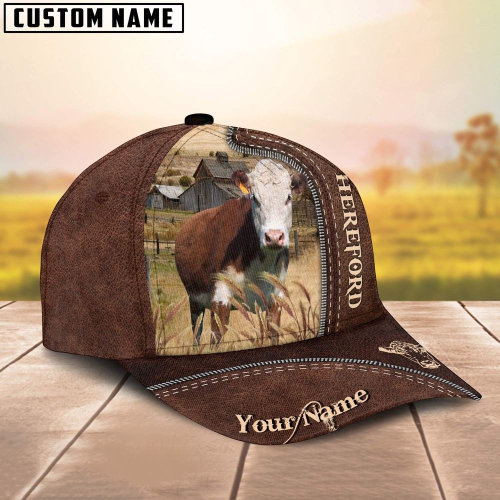 Adeenyc Hereford Customized Name Leather Pattern Cap, Farm Cap, Farmer Baseball Cap, Cow Cap, Cow Gift, Farm Animal Hat Trucker Hats Custom Hats Gifts For Men & Women