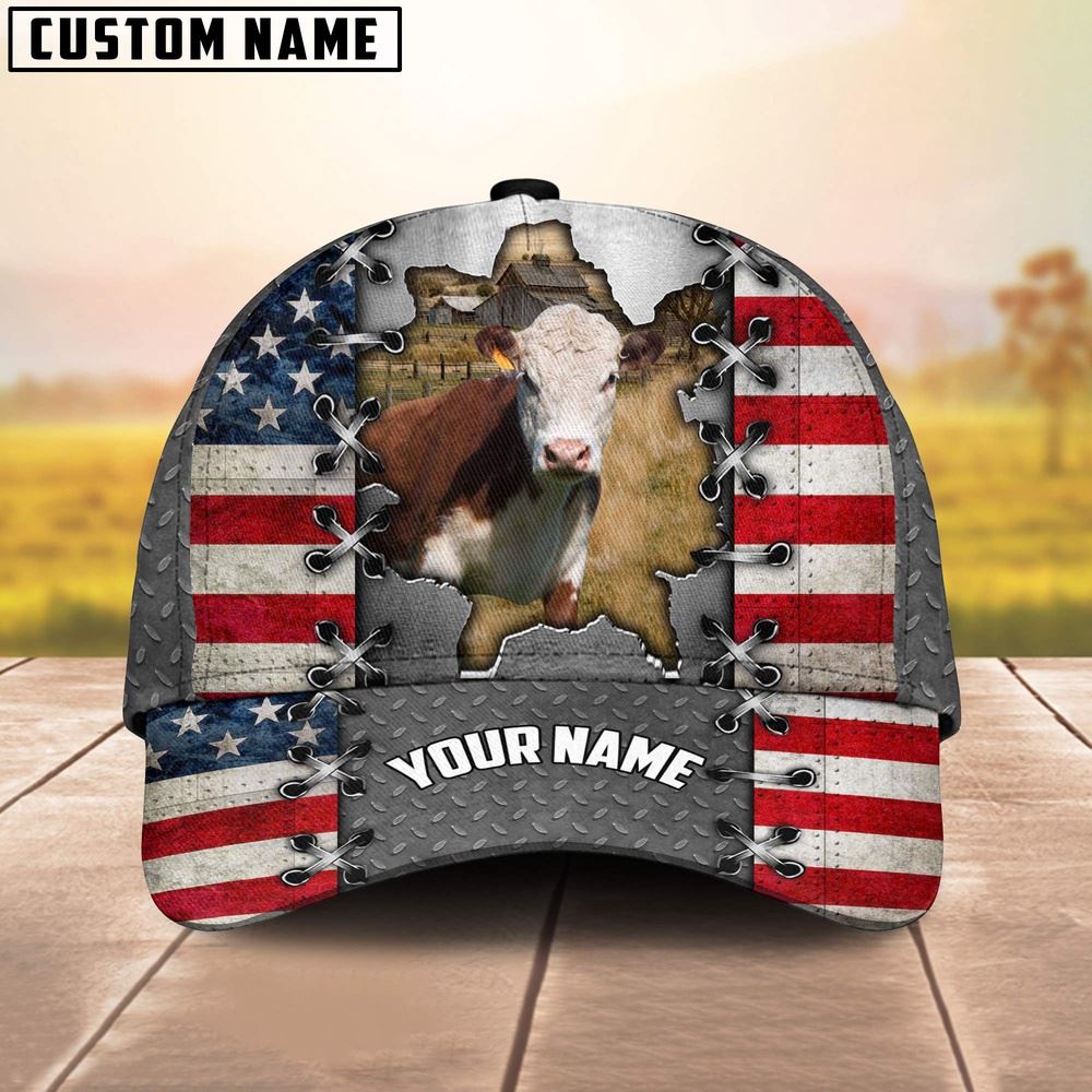 Adeenyc Hereford Customized Name US Flag Cap, Farm Cap, Farmer Baseball Cap, Cow Cap, Cow Gift, Farm Animal Hat Trucker Hats Custom Hats Gifts For Men & Women