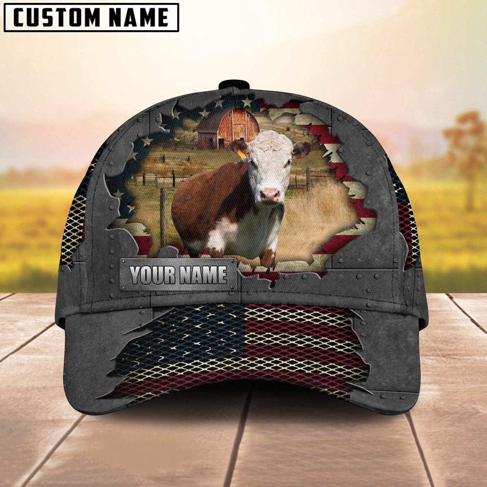 Adeenyc Hereford Customized Name US Flag Net Cap, Farm Cap, Farmer Baseball Cap, Cow Cap, Cow Gift, Farm Animal Hat Trucker Hats Custom Hats Gifts For Men & Women