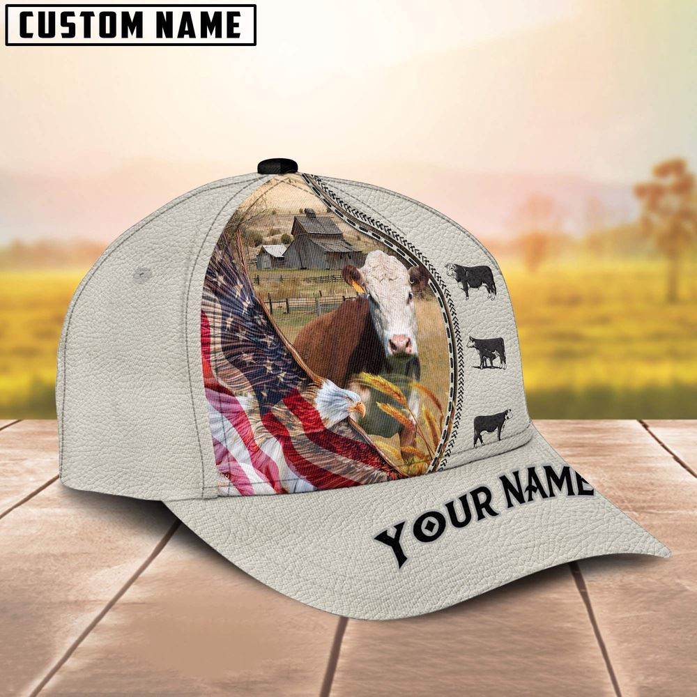 Adeenyc Hereford Eagle US Flag Leather Pattern Customized 3D Cap, Farm Cap, Farmer Baseball Cap, Cow Cap, Cow Gift, Farm Animal Hat Trucker Hats Custom Hats Gifts For Men & Women