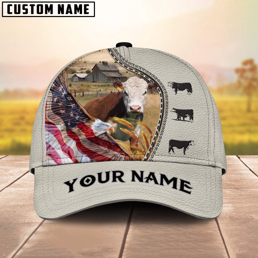 Adeenyc Hereford Eagle US Flag Leather Pattern Customized 3D Cap, Farm Cap, Farmer Baseball Cap, Cow Cap, Cow Gift, Farm Animal Hat Trucker Hats Custom Hats Gifts For Men & Women