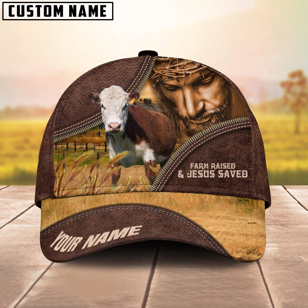 Adeenyc Hereford Farm & Jesus Customized Name Cap, Farm Cap, Farmer Baseball Cap, Cow Cap, Cow Gift, Farm Animal Hat Trucker Hats Custom Hats Gifts For Men & Women