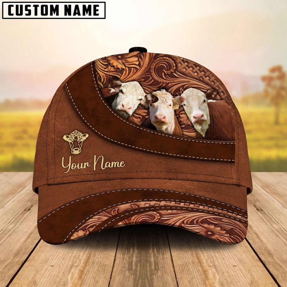 Adeenyc Hereford Farm Life Beauty Leather Pattern Customized 3D Cap, Farm Cap, Farmer Baseball Cap, Cow Cap, Cow Gift, Farm Animal Hat Trucker Hats Custom Hats Gifts For Men & Women