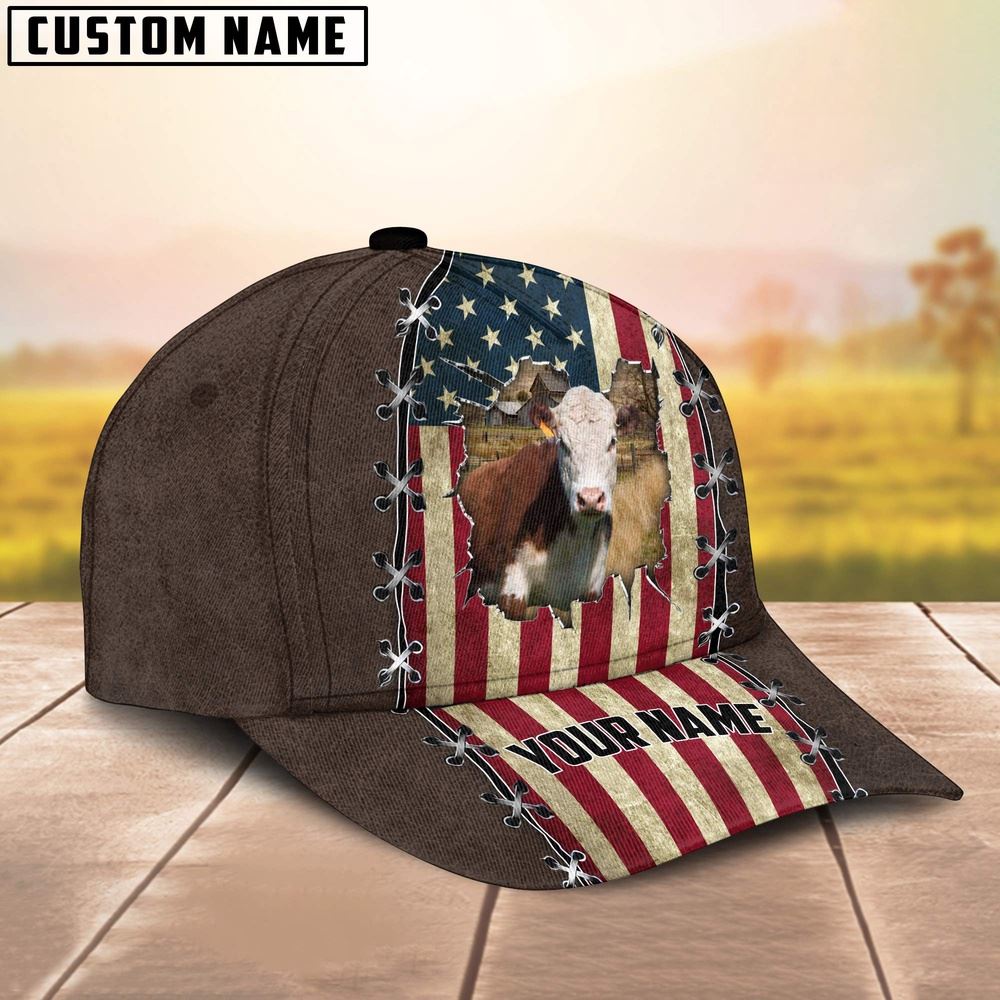 Adeenyc Hereford Flag Customized Name Denim Cap, Farm Cap, Farmer Baseball Cap, Cow Cap, Cow Gift, Farm Animal Hat Trucker Hats Custom Hats Gifts For Men & Women