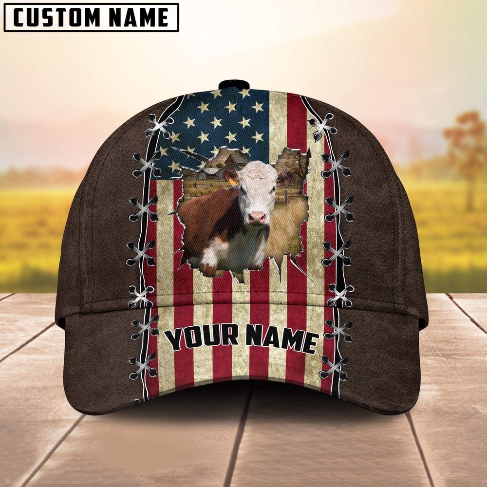 Adeenyc Hereford Flag Customized Name Denim Cap, Farm Cap, Farmer Baseball Cap, Cow Cap, Cow Gift, Farm Animal Hat Trucker Hats Custom Hats Gifts For Men & Women
