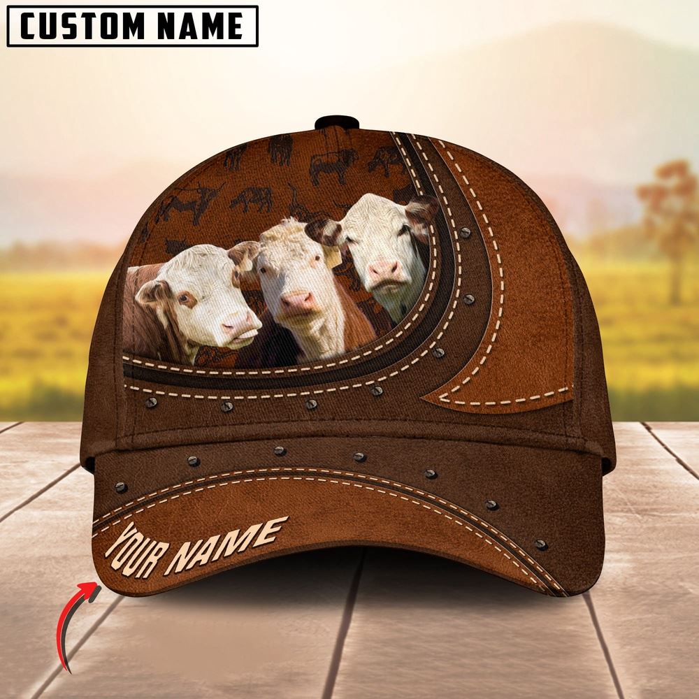 Adeenyc Hereford Happiness Leather Pattern Art Customized Name Cap, Farm Cap, Farmer Baseball Cap, Cow Cap, Cow Gift, Farm Animal Hat Trucker Hats Custom Hats Gifts For Men & Women