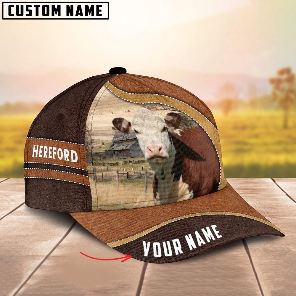 Adeenyc Hereford Happy Face Customized Name Cap, Farm Cap, Farmer Baseball Cap, Cow Cap, Cow Gift, Farm Animal Hat Trucker Hats Custom Hats Gifts For Men & Women