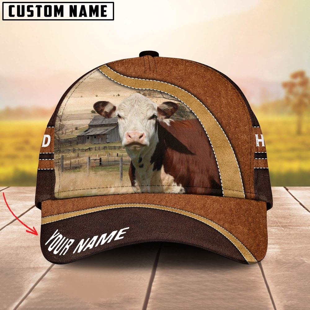 Adeenyc Hereford Happy Face Customized Name Cap, Farm Cap, Farmer Baseball Cap, Cow Cap, Cow Gift, Farm Animal Hat Trucker Hats Custom Hats Gifts For Men & Women