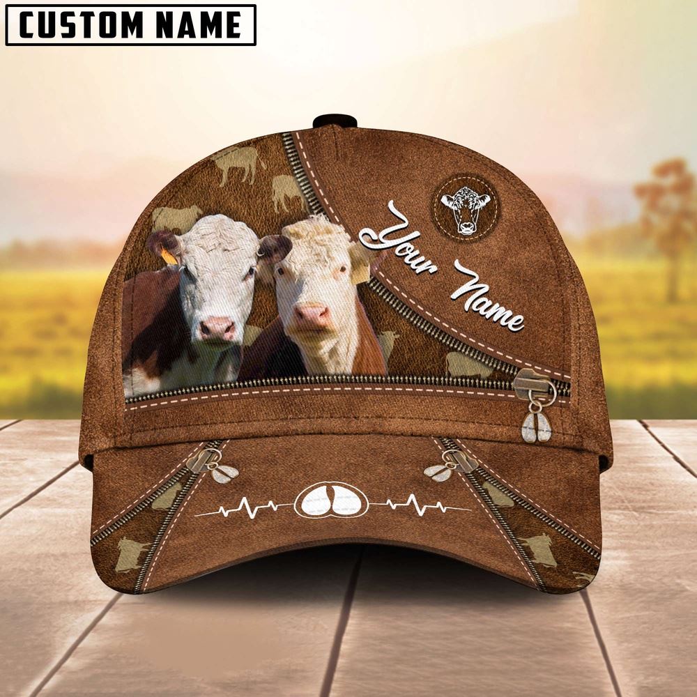 Adeenyc Hereford Heart Line Farm Lover Pattern Customized 3D Cap, Farm Cap, Farmer Baseball Cap, Cow Cap, Cow Gift, Farm Animal Hat Trucker Hats Custom Hats Gifts For Men & Women