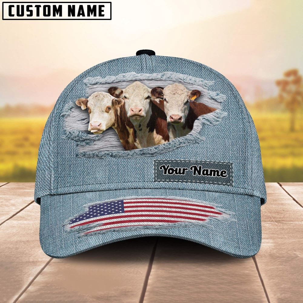 Adeenyc Hereford Jeans Pattern Customized Name Cap, Farm Cap, Farmer Baseball Cap, Cow Cap, Cow Gift, Farm Animal Hat Trucker Hats Custom Hats Gifts For Men & Women