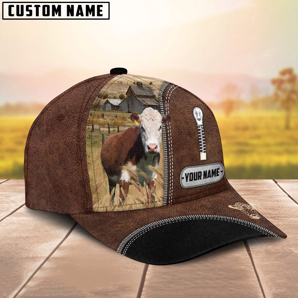 Adeenyc Hereford Leather Zip Pattern Customized Name Cap, Farm Cap, Farmer Baseball Cap, Cow Cap, Cow Gift, Farm Animal Hat Trucker Hats Custom Hats Gifts For Men & Women