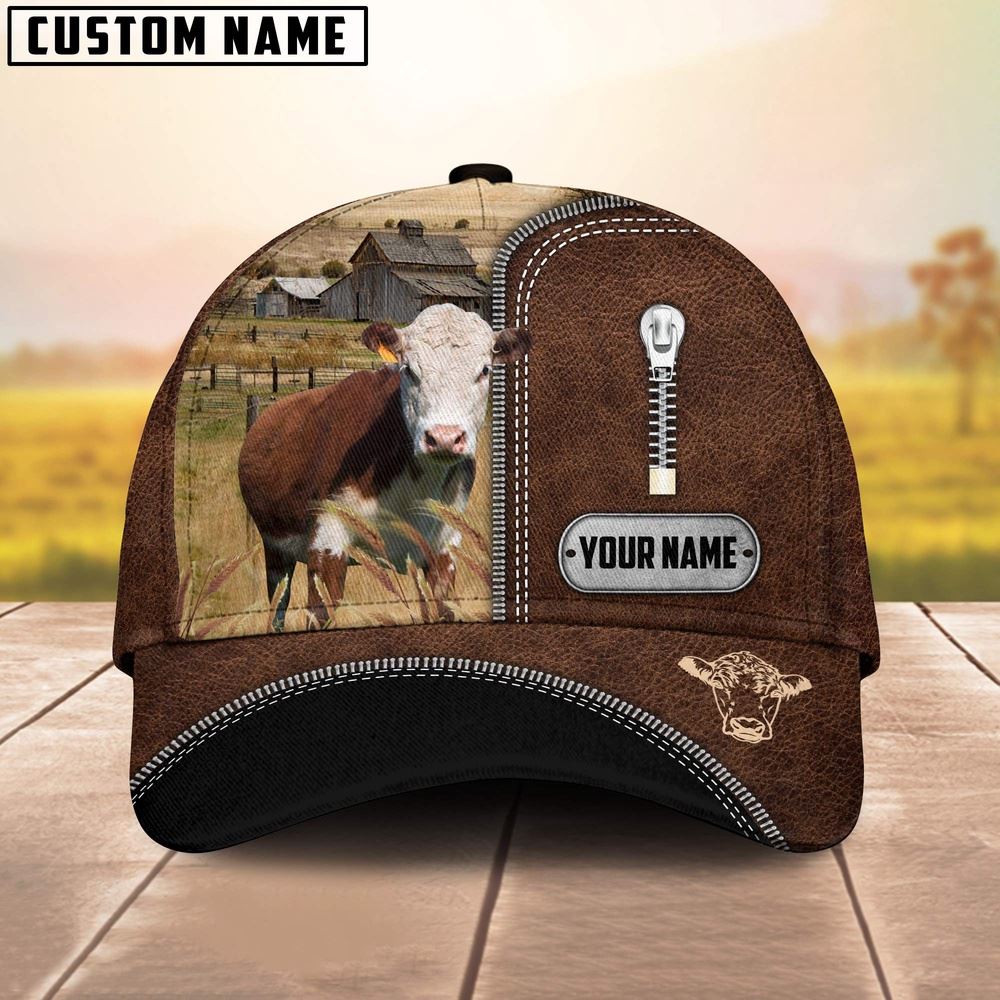 Adeenyc Hereford Leather Zip Pattern Customized Name Cap, Farm Cap, Farmer Baseball Cap, Cow Cap, Cow Gift, Farm Animal Hat Trucker Hats Custom Hats Gifts For Men & Women