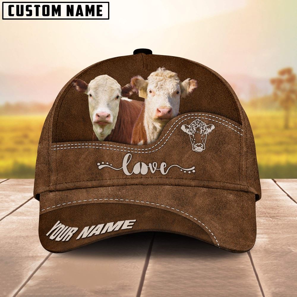 Adeenyc Hereford Love Leather Pattern Customized Name Cap, Farm Cap, Farmer Baseball Cap, Cow Cap, Cow Gift, Farm Animal Hat Trucker Hats Custom Hats Gifts For Men & Women