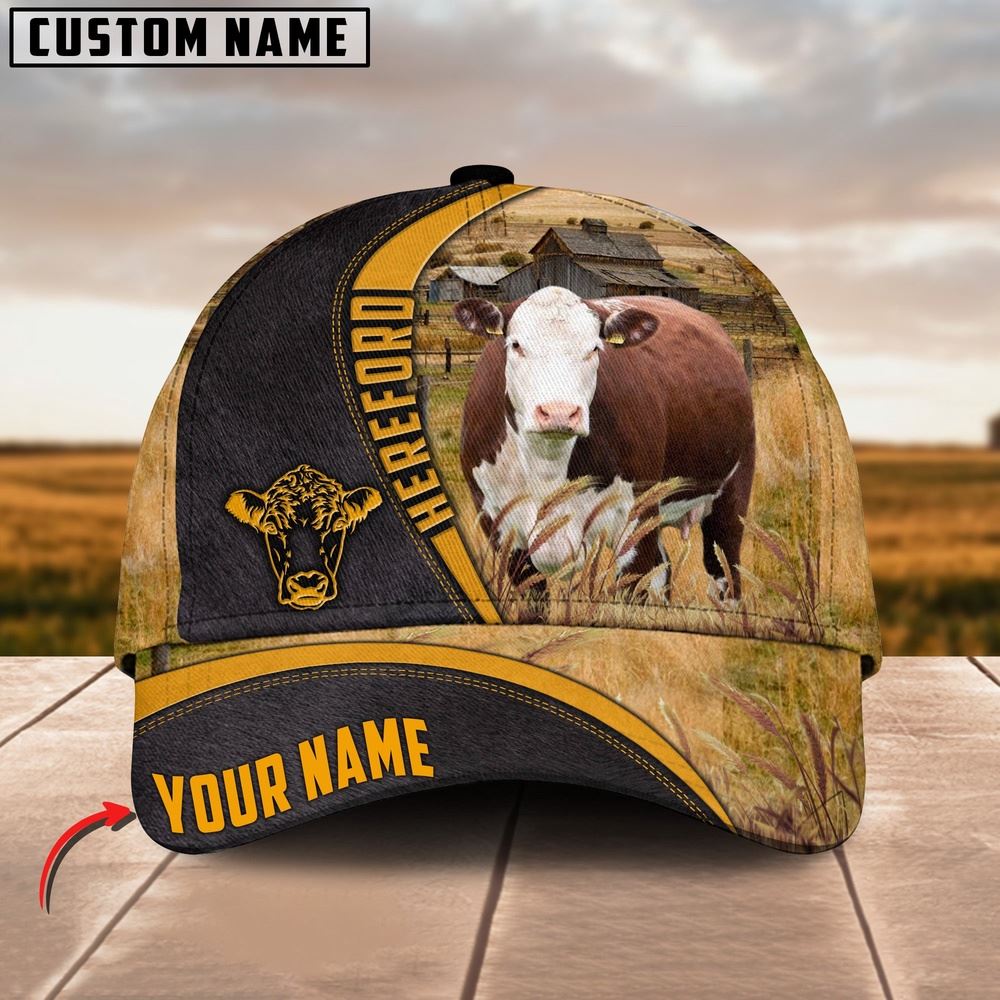 Adeenyc Hereford On Farm Black Yellow Leather Pattern Customized 3D Cap, Farm Cap, Farmer Baseball Cap, Cow Cap, Cow Gift, Farm Animal Hat Trucker Hats Custom Hats Gifts For Men & Women