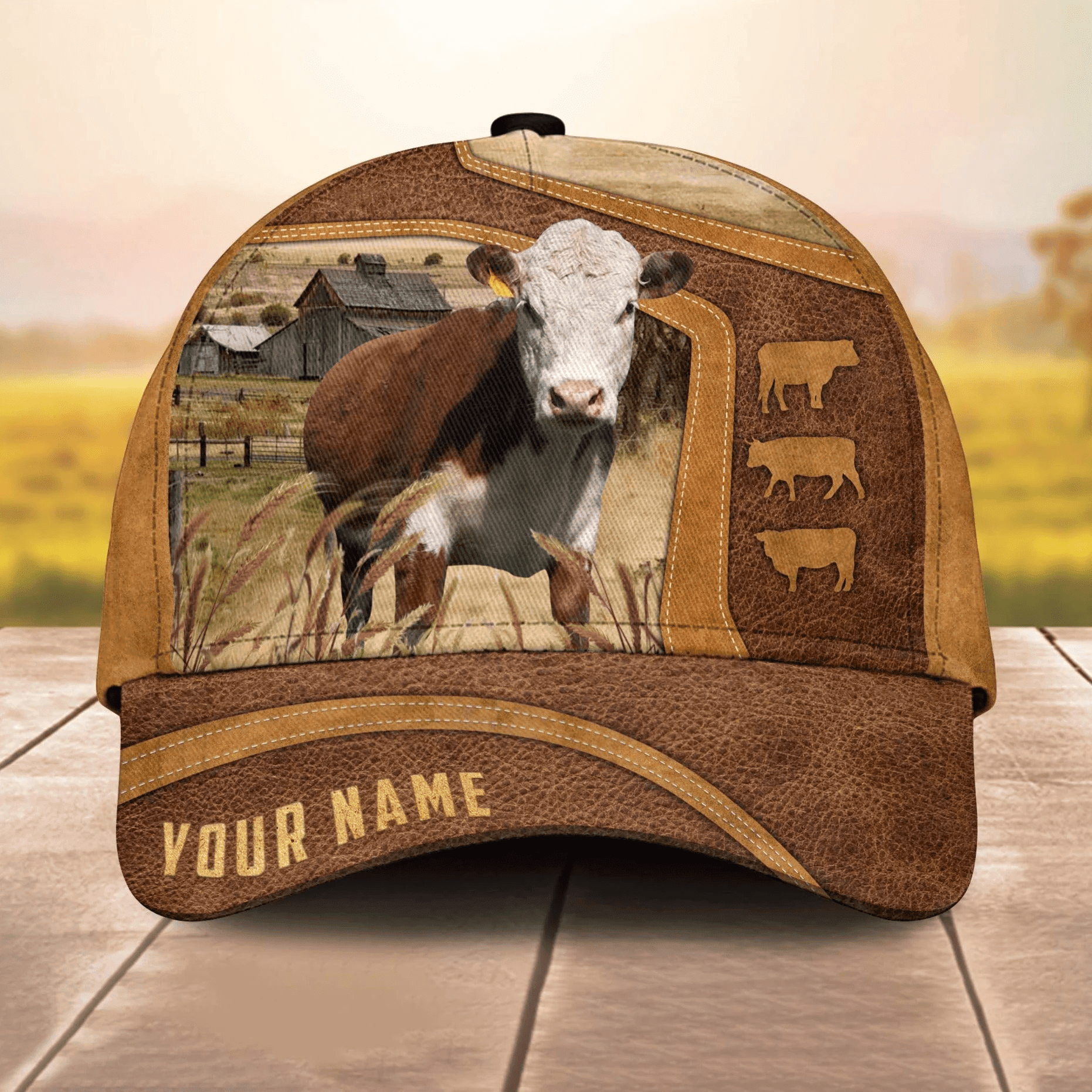 Adeenyc Hereford On The Farm Custom Name 3D Cap 3D All Over Print Baseball Cap, Cap For Farm Lovers, Animal Cap, Leather Pattern Cap Trucker Hats Custom Hats Gifts For Men & Women