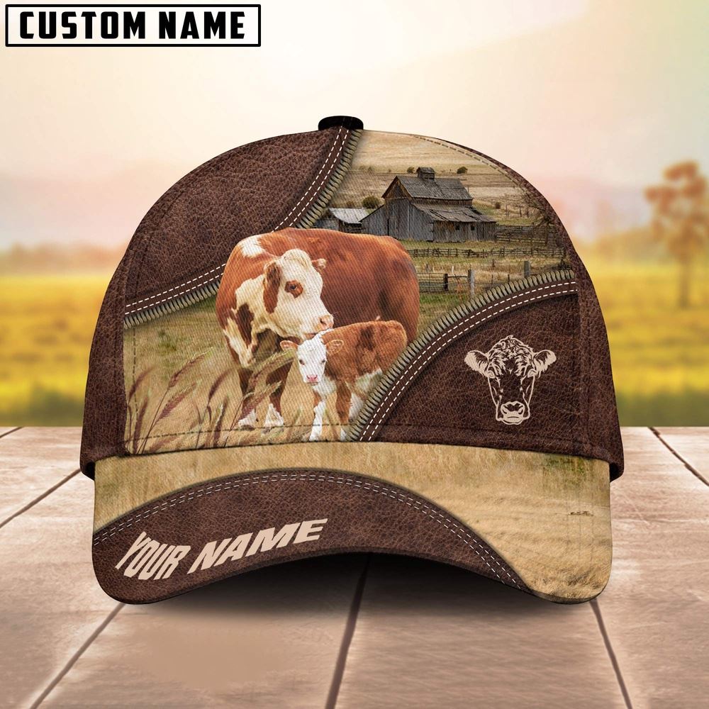 Adeenyc Hereford On The Farm Customized Name 3D Brown Cap, Farm Cap, Farmer Baseball Cap, Cow Cap, Cow Gift, Farm Animal Hat Trucker Hats Custom Hats Gifts For Men & Women