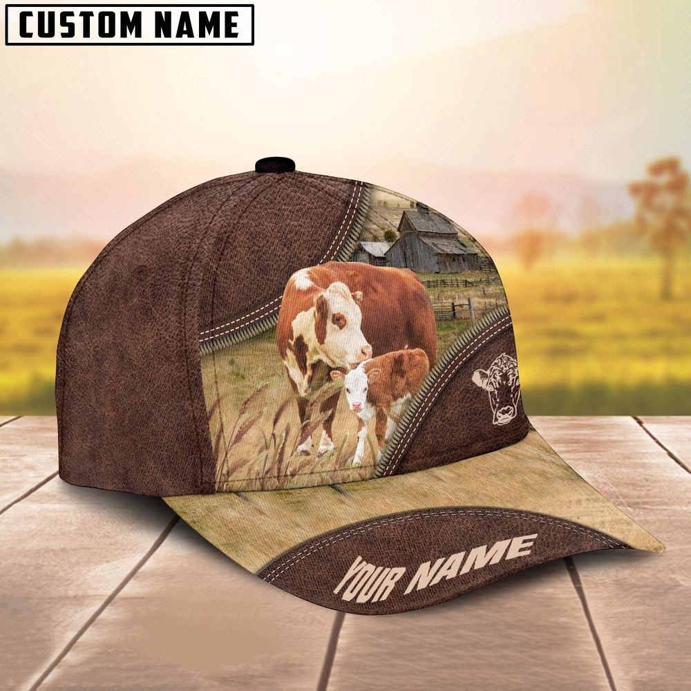 Adeenyc Hereford On The Farm Customized Name 3D Brown Cap, Farm Cap, Farmer Baseball Cap, Cow Cap, Cow Gift, Farm Animal Hat Trucker Hats Custom Hats Gifts For Men & Women