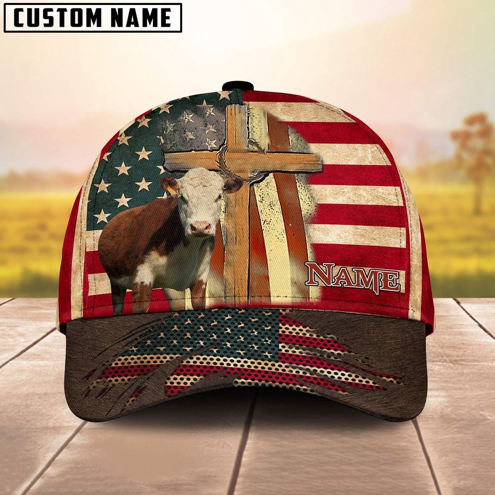 Adeenyc Hereford USA Flag Customized Name Cap, Farm Cap, Farmer Baseball Cap, Cow Cap, Cow Gift, Farm Animal Hat Trucker Hats Custom Hats Gifts For Men & Women