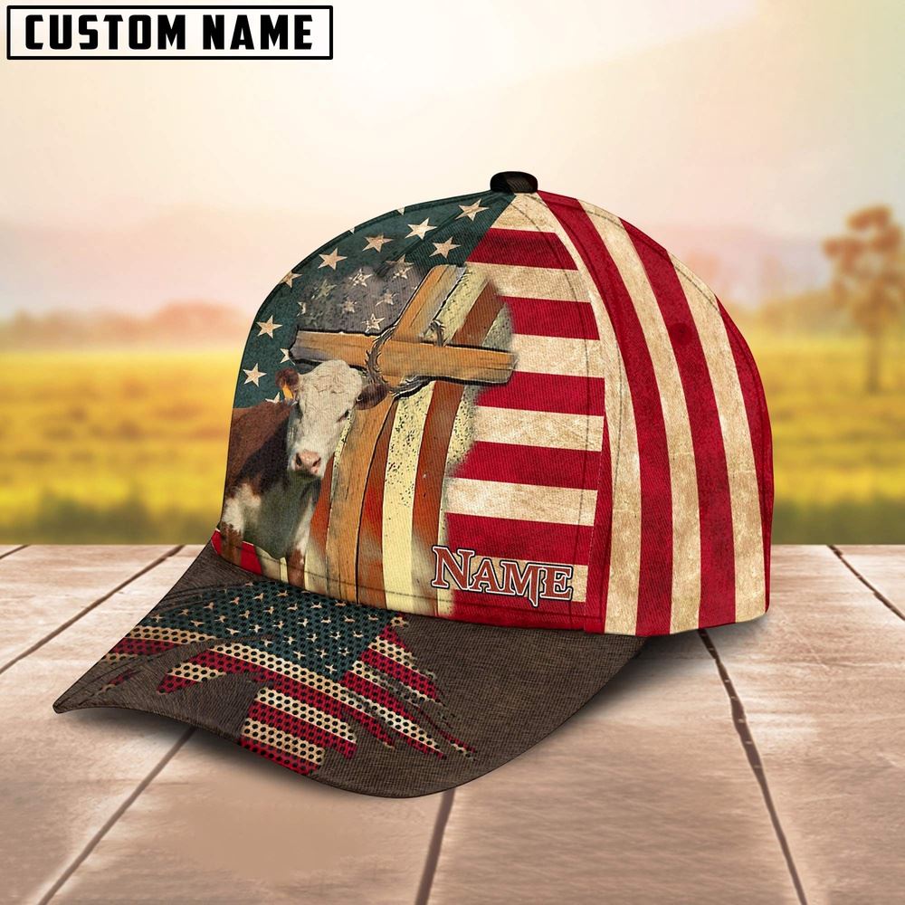 Adeenyc Hereford USA Flag Customized Name Cap, Farm Cap, Farmer Baseball Cap, Cow Cap, Cow Gift, Farm Animal Hat Trucker Hats Custom Hats Gifts For Men & Women