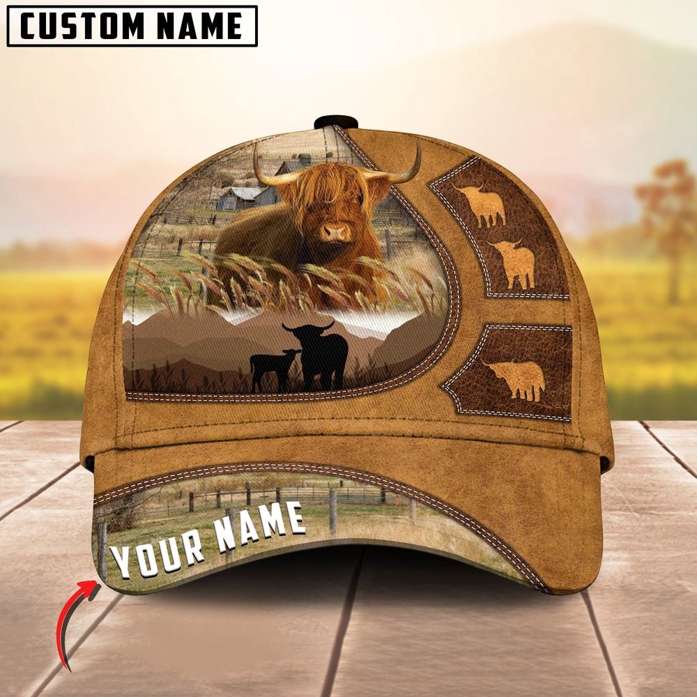 Adeenyc Highland Art On Farm Yellow Leather Pattern Customized 3D Cap, Farm Cap, Farmer Baseball Cap, Cow Cap, Cow Gift, Farm Animal Hat Trucker Hats Custom Hats Gifts For Men & Women