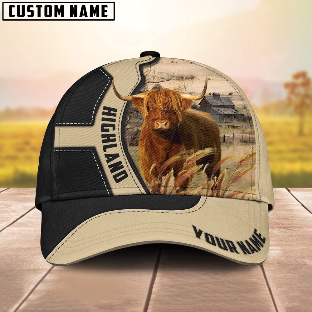 Adeenyc Highland Cattle Black Khaki Pattern Customized Name Cap, Farm Cap, Farmer Baseball Cap, Cow Cap, Cow Gift, Farm Animal Hat Trucker Hats Custom Hats Gifts For Men & Women