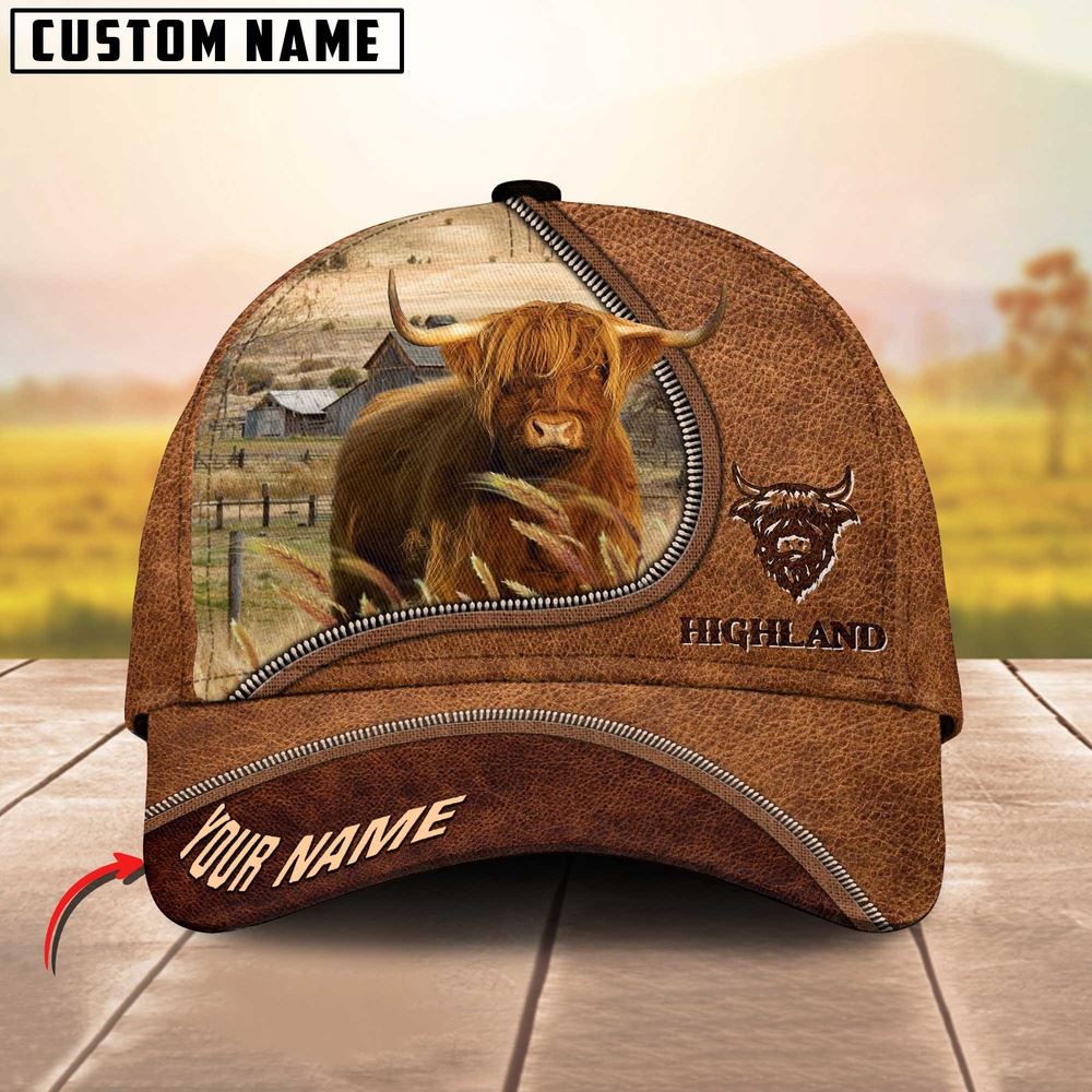 Adeenyc Highland Cattle Brown Leather Zip Customized Name Cap, Farm Cap, Farmer Baseball Cap, Cow Cap, Cow Gift, Farm Animal Hat Trucker Hats Custom Hats Gifts For Men & Women