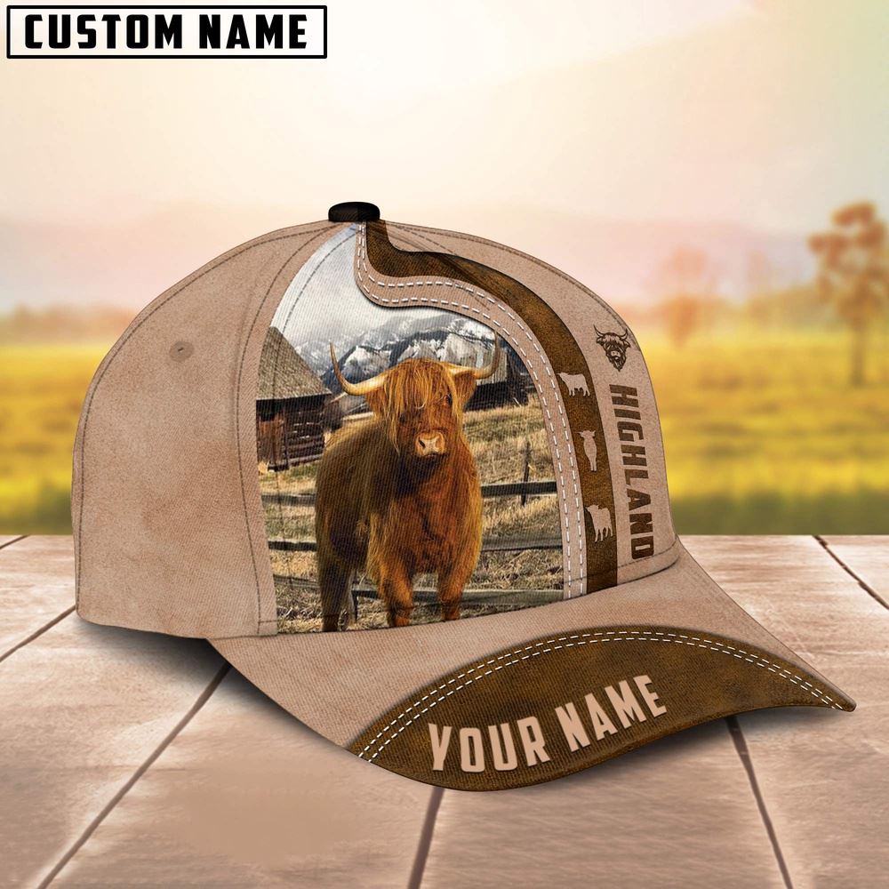Adeenyc Highland Cattle Custom Name Light Brown Cap, Farm Cap, Farmer Baseball Cap, Cow Cap, Cow Gift, Farm Animal Hat Trucker Hats Custom Hats Gifts For Men & Women