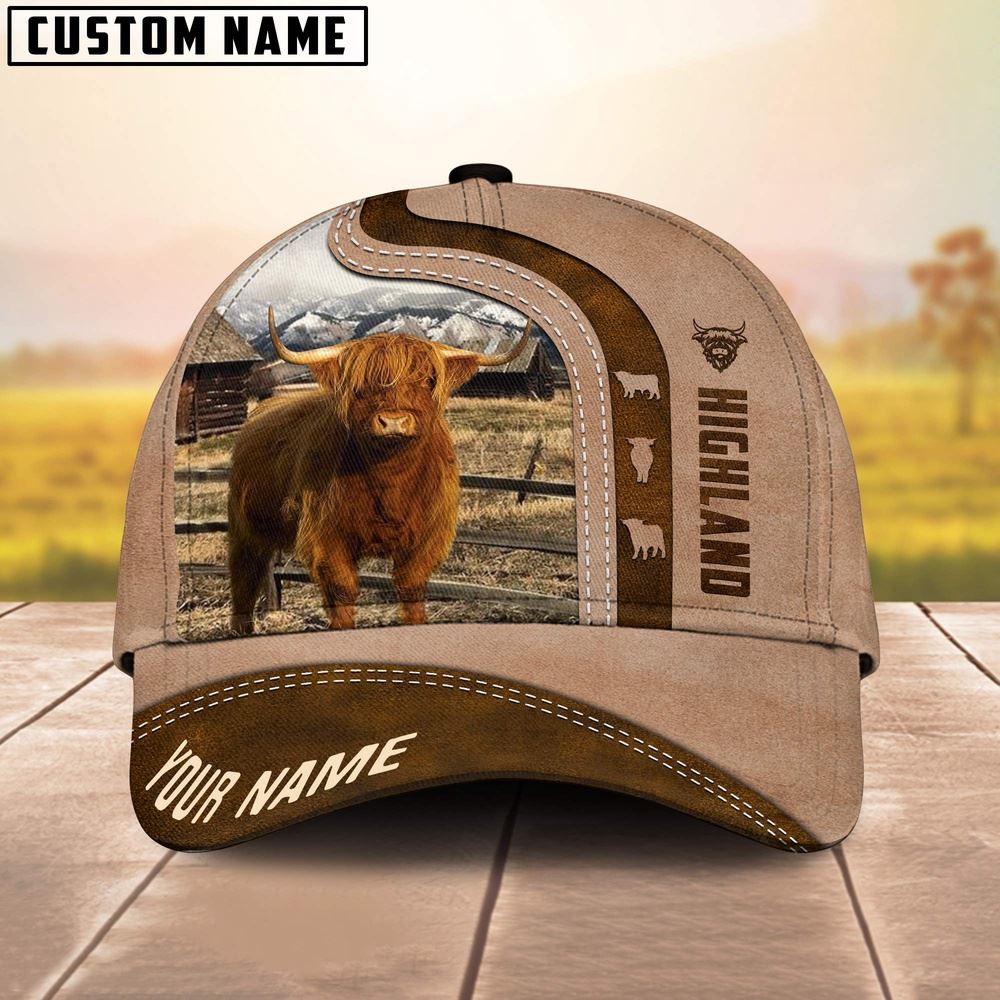 Adeenyc Highland Cattle Custom Name Light Brown Cap, Farm Cap, Farmer Baseball Cap, Cow Cap, Cow Gift, Farm Animal Hat Trucker Hats Custom Hats Gifts For Men & Women