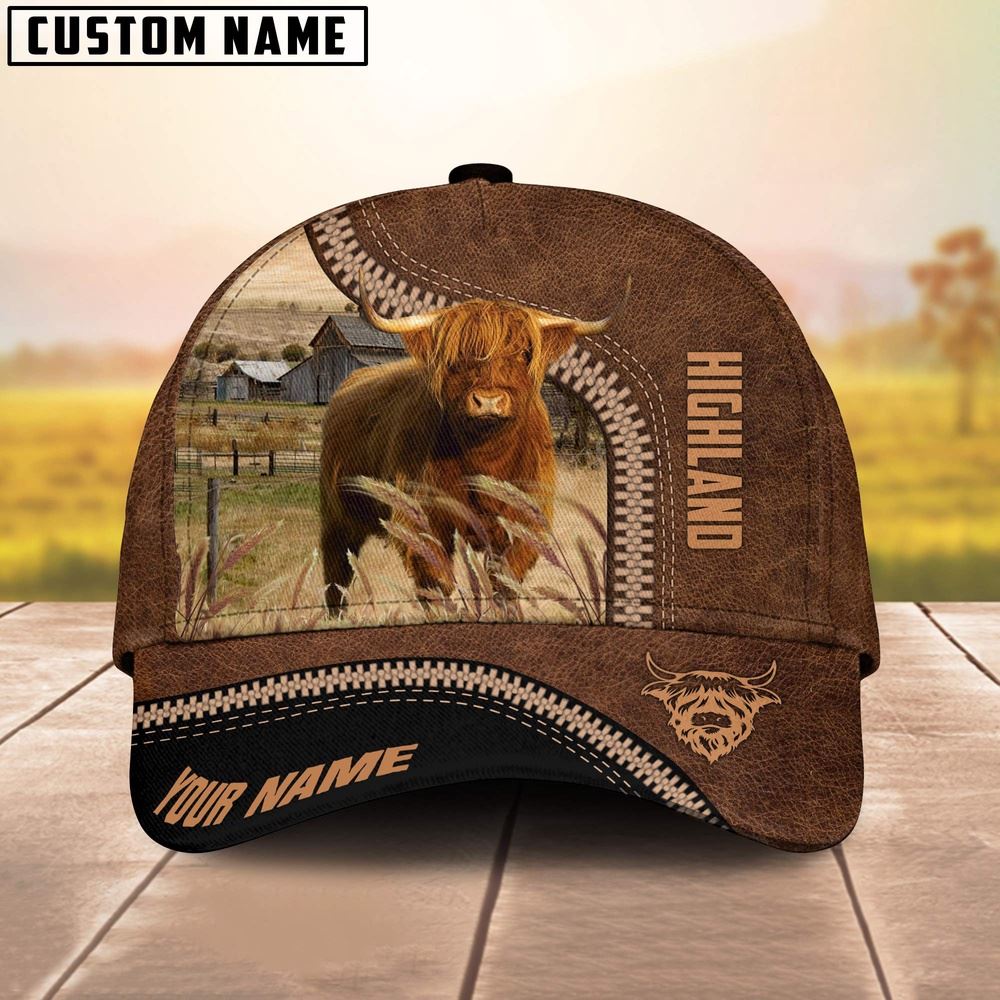 Adeenyc Highland Cattle Customized Name 3D Printed Cap, Farm Cap, Farmer Baseball Cap, Cow Cap, Cow Gift, Farm Animal Hat Trucker Hats Custom Hats Gifts For Men & Women