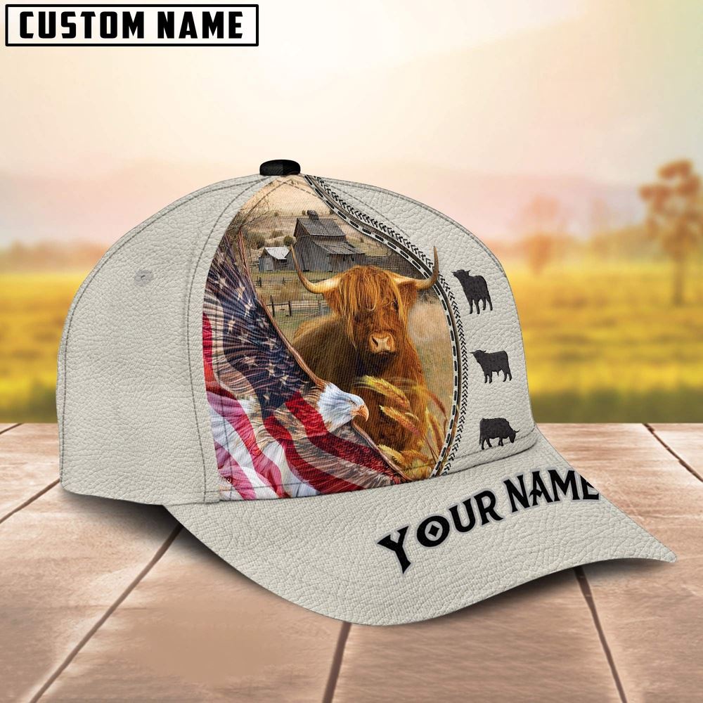 Adeenyc Highland Cattle Eagle US Flag Leather Pattern Customized 3D Cap, Farm Cap, Farmer Baseball Cap, Cow Cap, Cow Gift, Farm Animal Hat Trucker Hats Custom Hats Gifts For Men & Women