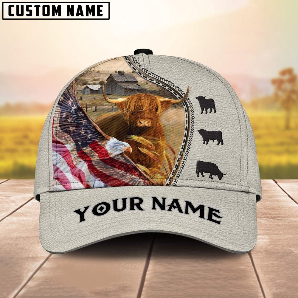 Adeenyc Highland Cattle Eagle US Flag Leather Pattern Customized 3D Cap, Farm Cap, Farmer Baseball Cap, Cow Cap, Cow Gift, Farm Animal Hat Trucker Hats Custom Hats Gifts For Men & Women