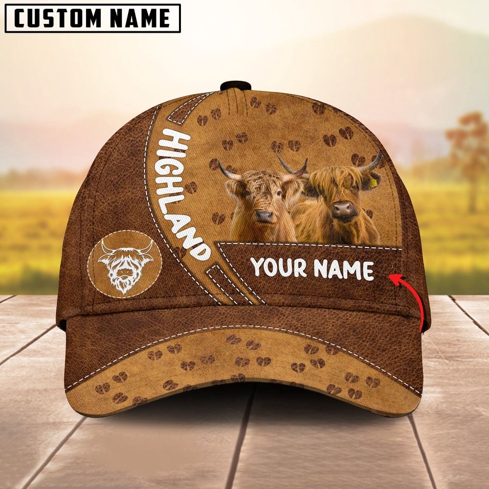 Adeenyc Highland Cattle Happiness Brown Yellow Customized Name Cap, Farm Cap, Farmer Baseball Cap, Cow Cap, Cow Gift, Farm Animal Hat Trucker Hats Custom Hats Gifts For Men & Women