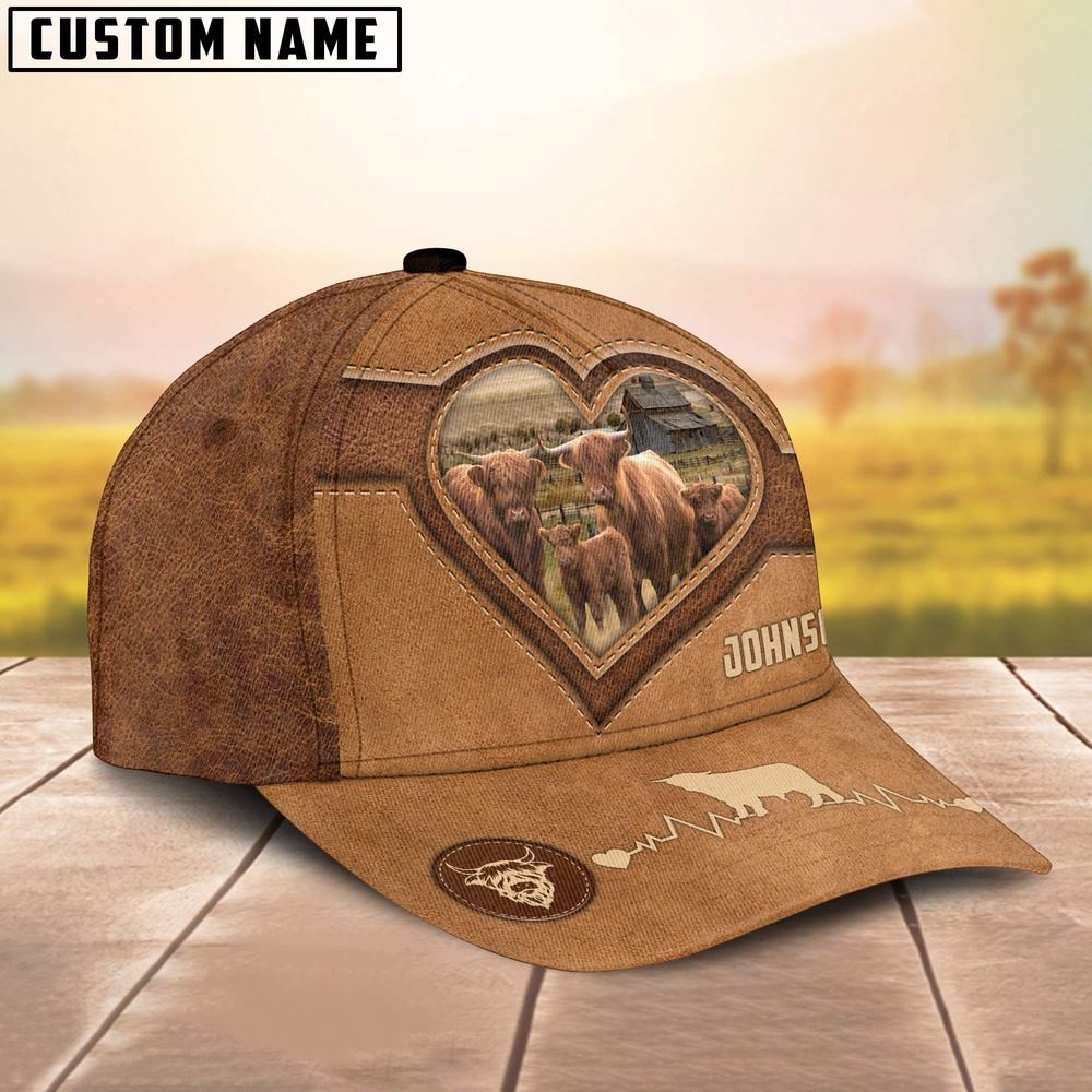 Adeenyc Highland Cattle Heart Shaped Style Customized Name Cap, Farm Cap, Farmer Baseball Cap, Cow Cap, Cow Gift, Farm Animal Hat Trucker Hats Custom Hats Gifts For Men & Women