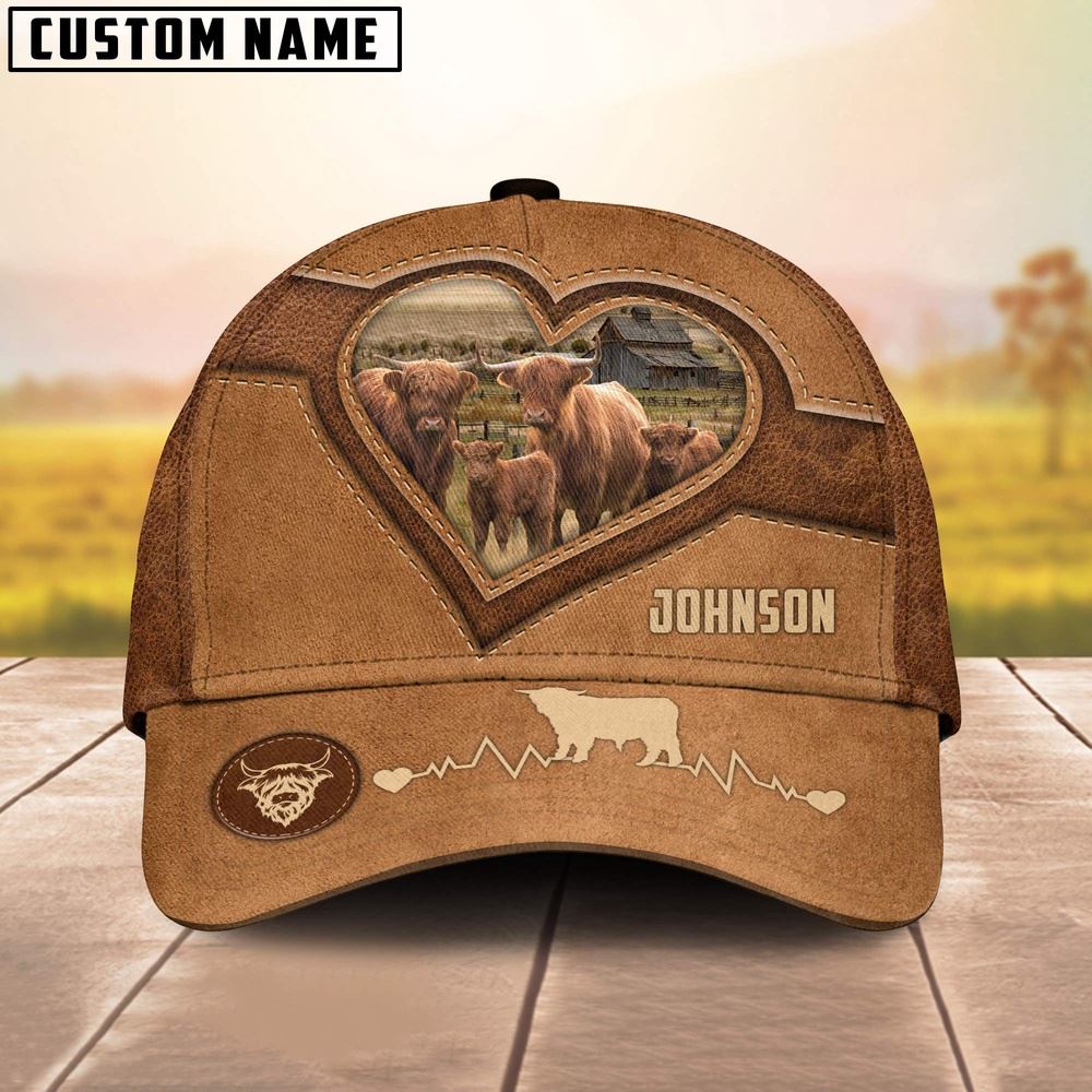 Adeenyc Highland Cattle Heart Shaped Style Customized Name Cap, Farm Cap, Farmer Baseball Cap, Cow Cap, Cow Gift, Farm Animal Hat Trucker Hats Custom Hats Gifts For Men & Women