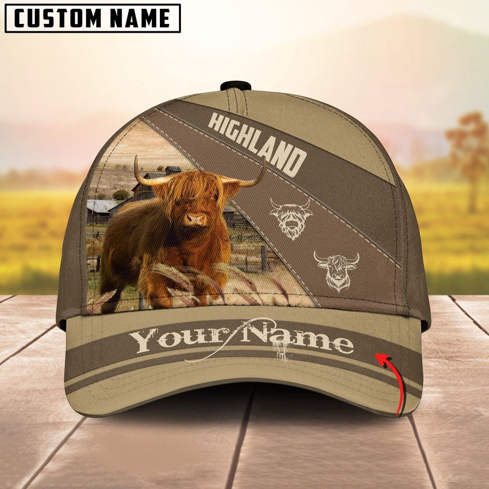 Adeenyc Highland Cattle Khaki Pattern Customized Name Cap, Farm Cap, Farmer Baseball Cap, Cow Cap, Cow Gift, Farm Animal Hat Trucker Hats Custom Hats Gifts For Men & Women