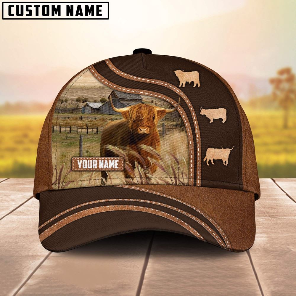 Adeenyc Highland Cattle Leather Brown Pattern Customized Name Cap, Farm Cap, Farmer Baseball Cap, Cow Cap, Cow Gift, Farm Animal Hat Trucker Hats Custom Hats Gifts For Men & Women