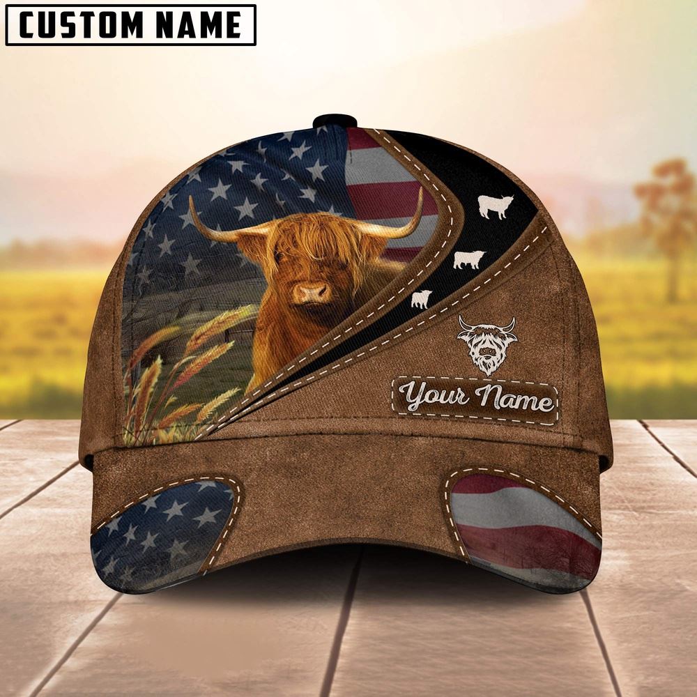 Adeenyc Highland Cattle Leather Pattern American Customized Name Cap, Farm Cap, Farmer Baseball Cap, Cow Cap, Cow Gift, Farm Animal Hat Trucker Hats Custom Hats Gifts For Men & Women