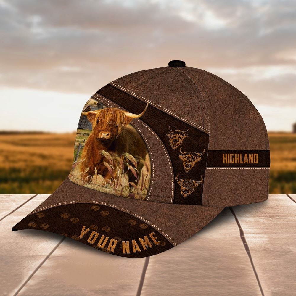 Adeenyc Highland Cattle Leather Pattern Customized Name Cap, Farm Cap, Farmer Baseball Cap, Cow Cap, Cow Gift, Farm Animal Hat Trucker Hats Custom Hats Gifts For Men & Women