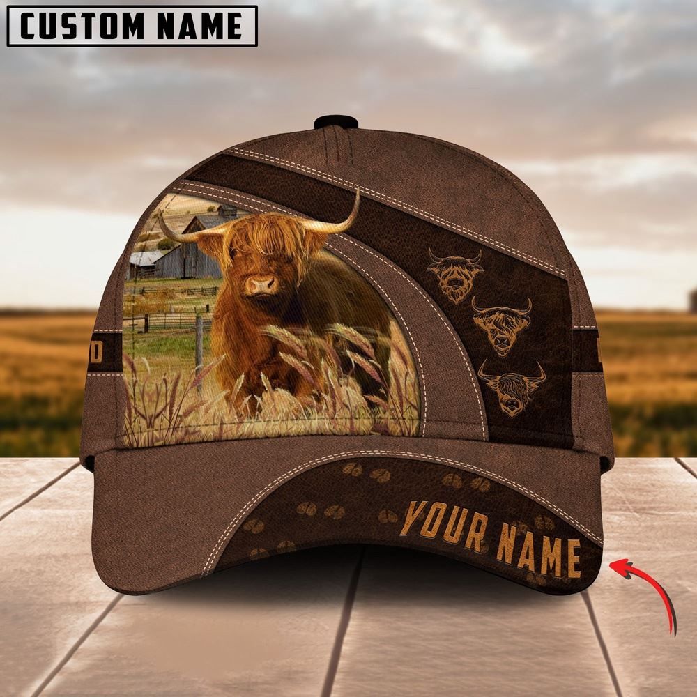 Adeenyc Highland Cattle Leather Pattern Customized Name Cap, Farm Cap, Farmer Baseball Cap, Cow Cap, Cow Gift, Farm Animal Hat Trucker Hats Custom Hats Gifts For Men & Women