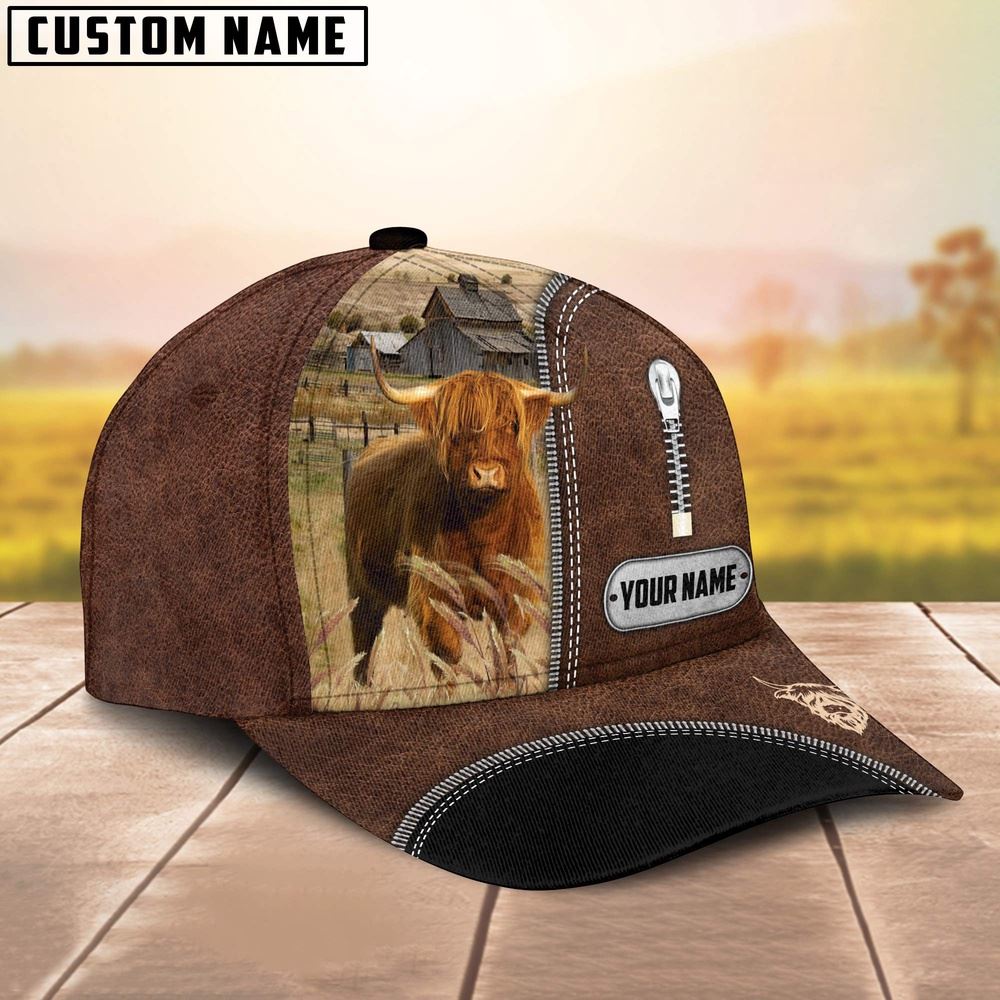 Adeenyc Highland Cattle Leather Zip Pattern Customized Name Cap, Farm Cap, Farmer Baseball Cap, Cow Cap, Cow Gift, Farm Animal Hat Trucker Hats Custom Hats Gifts For Men & Women
