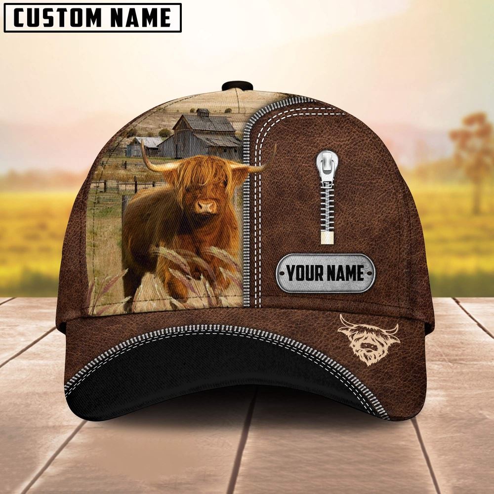 Adeenyc Highland Cattle Leather Zip Pattern Customized Name Cap, Farm Cap, Farmer Baseball Cap, Cow Cap, Cow Gift, Farm Animal Hat Trucker Hats Custom Hats Gifts For Men & Women