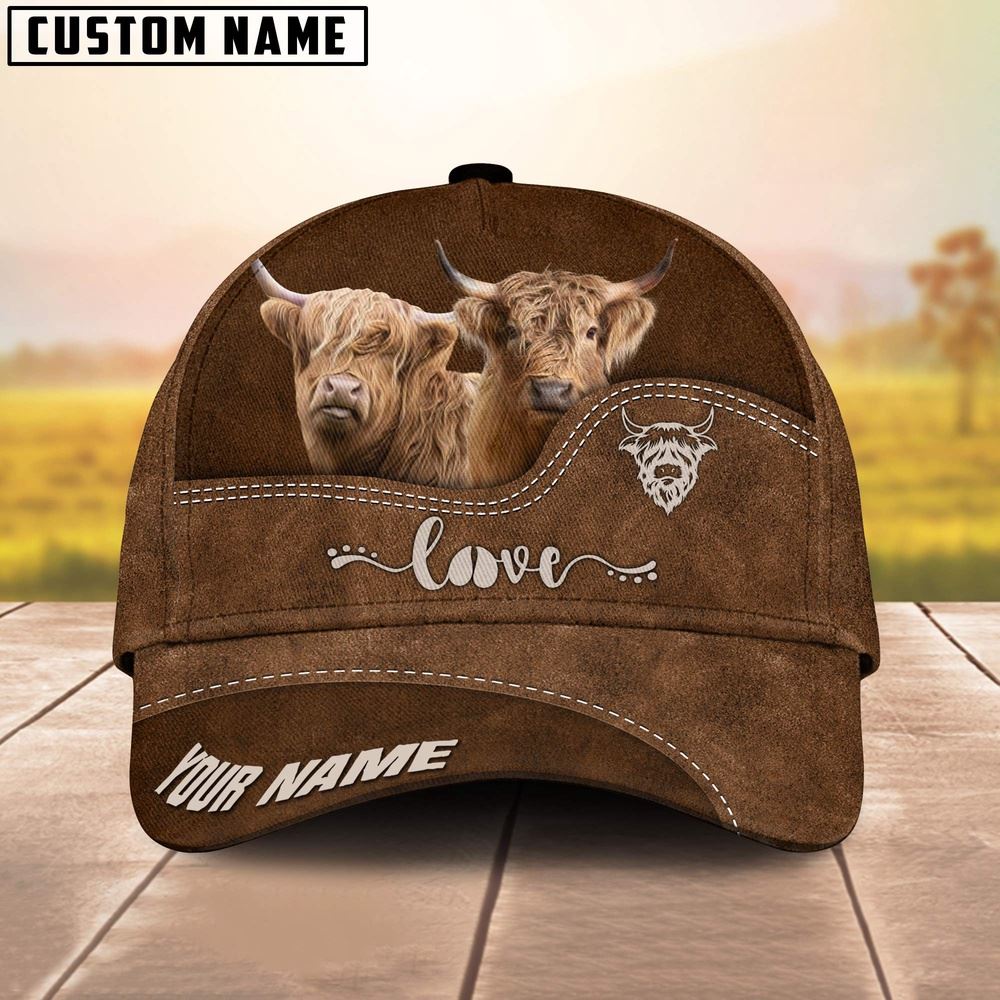 Adeenyc Highland Cattle Love Leather Pattern Customized Name Cap, Farm Cap, Farmer Baseball Cap, Cow Cap, Cow Gift, Farm Animal Hat Trucker Hats Custom Hats Gifts For Men & Women