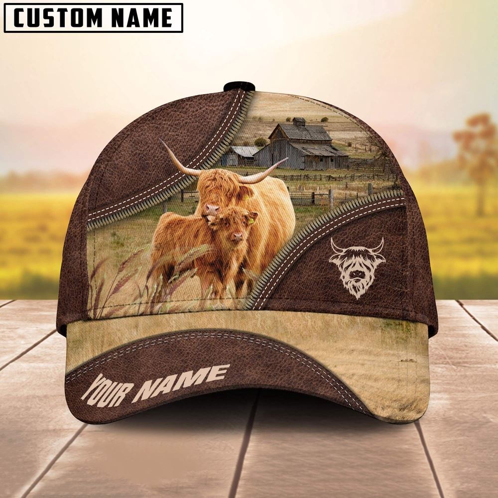 Adeenyc Highland Cattle On The Farm Customized Name 3D Brown Cap, Farm Cap, Farmer Baseball Cap, Cow Cap, Cow Gift, Farm Animal Hat Trucker Hats Custom Hats Gifts For Men & Women
