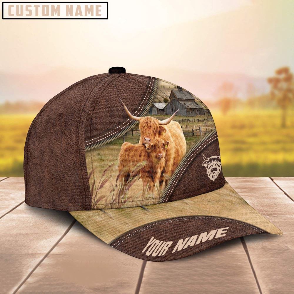 Adeenyc Highland Cattle On The Farm Customized Name 3D Brown Cap, Farm Cap, Farmer Baseball Cap, Cow Cap, Cow Gift, Farm Animal Hat Trucker Hats Custom Hats Gifts For Men & Women