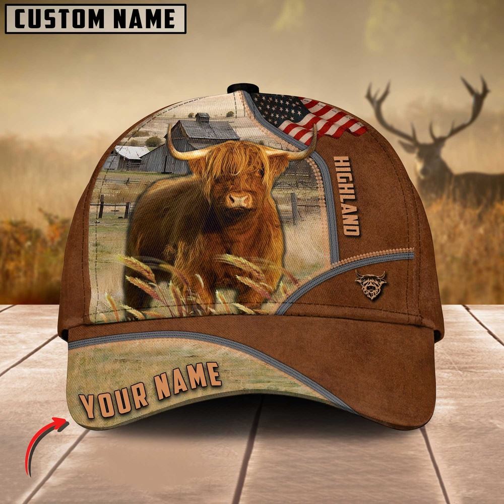 Adeenyc Highland Cattle US Flag Customized Name Brown Cap, Farm Cap, Farmer Baseball Cap, Cow Cap, Cow Gift, Farm Animal Hat Trucker Hats Custom Hats Gifts For Men & Women