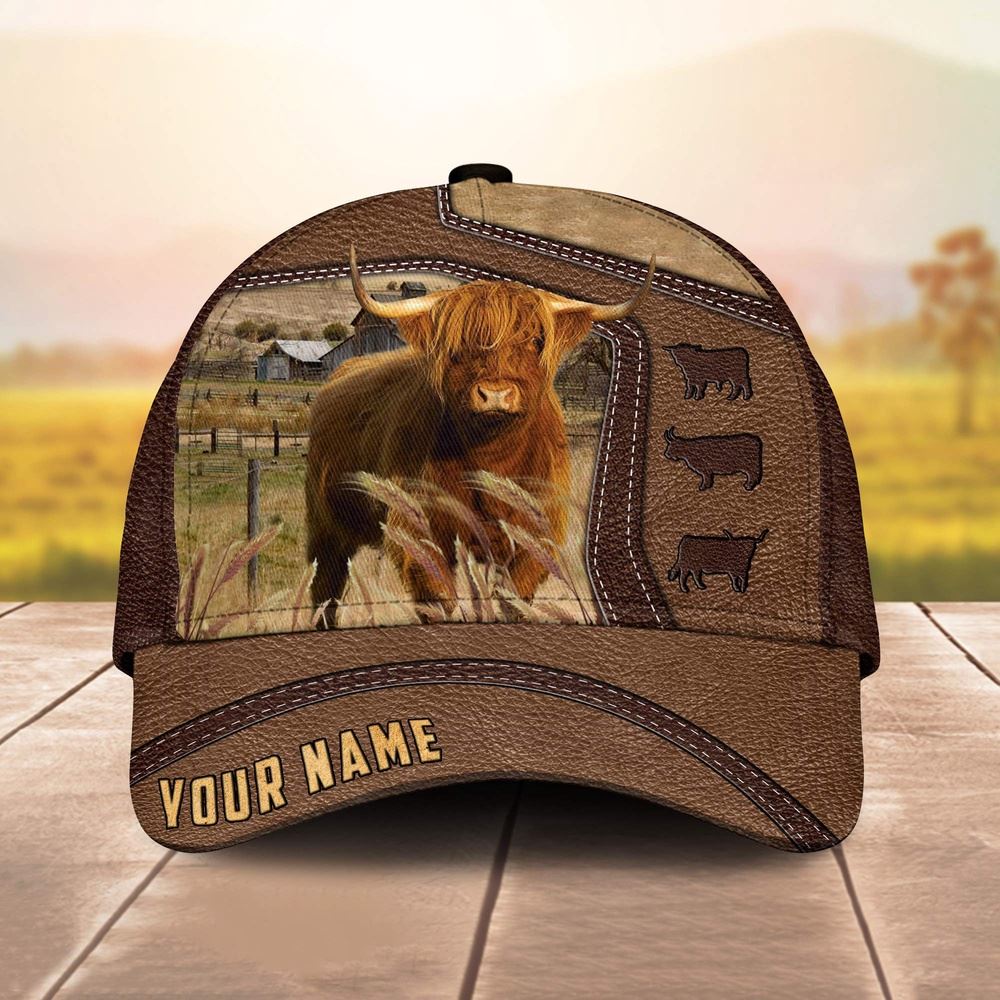 Adeenyc Highland Customized Name Brown Leather Pattern Cap, Farm Cap, Farmer Baseball Cap, Cow Cap, Cow Gift, Farm Animal Hat Trucker Hats Custom Hats Gifts For Men & Women